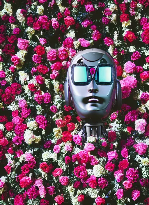 Prompt: a portrait photograph of a robot head in front of a wall of flowers designed by Balenciaga, 35mm, pentax, studio