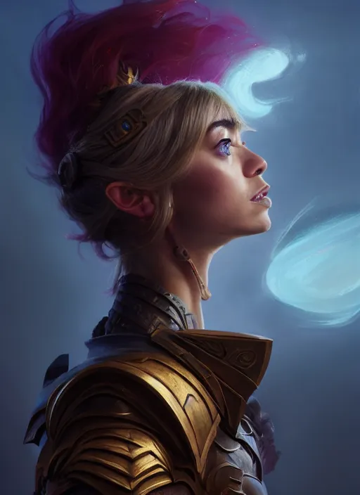 Image similar to side portrait, imogen poots, paladin, fantasy, gloomhaven, luminescent, organic painting, matte painting, bold shapes, hard edges, gaudy colors, octane render, unreal engine, by greg manchess, huang guangjian, gil elvgren, greg rutkowski, jesper ejsing