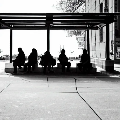 Prompt: photo of people waiting at bus stop, afternoon lighting