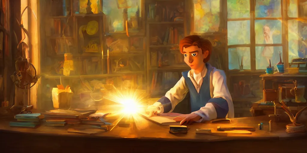 Prompt: a young caucasian male mage they are in a alchemy workshop working at there desk. colorful, light rays, medium shot, waist up, sharp, bloom, dramatic lighting, very detailed, by pixar, dreamworks and marvel