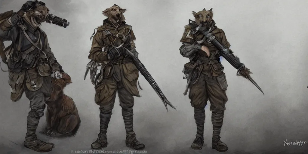 Image similar to concept art of a high fantasy ww1 werewolf soldier using a bazooka trending on artstation, detailed high resolution