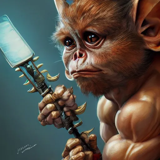 Image similar to portrait of a gizmo mogwai gremlin barbarian, muscular, wild, upper body, d & d, fantasy, intricate, cinematic lighting, highly detailed, digital painting, artstation, concept art, smooth, sharp focus, illustration, art by hajime sorayama