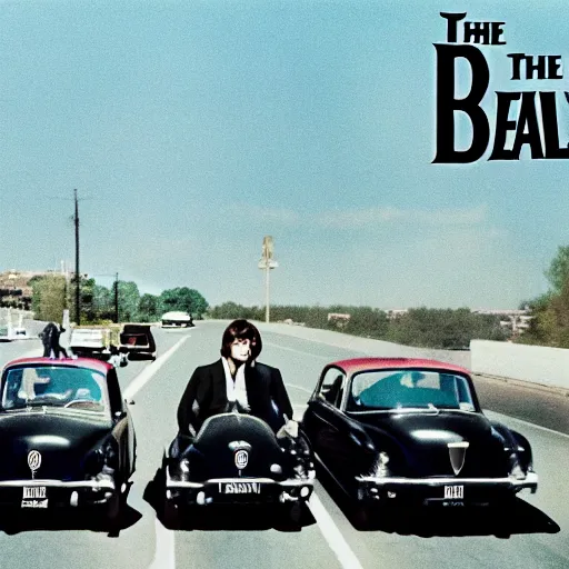 Image similar to the beatles on the run, baby arizona film styling, 8 k higly detailed cinematic lighting, moma museum