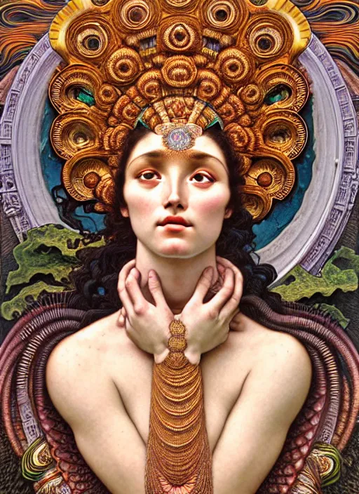 Image similar to hyperrealistic detailed face portrait of the beautiful goddess of the vulcanos with an intricate headgear of a beautiful erupting vulcano with landscape, art by ernst haeckel, john william godward, android jones, alphonso mucha, h. r. giger, gothic - cyberpunk, ornamental, dimmed pastel colours,