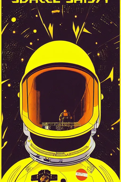 Prompt: poster art, movie poster, retrofuturism, sci - fi, textured, paper texture, 2 0 0 1 : a space odyssey by edward valigursky, yellow space suit, space station