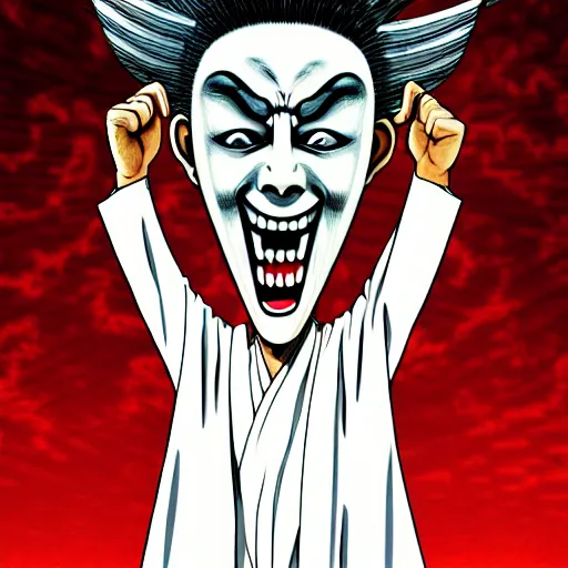 Image similar to A man wearing white robes with a angry Greek theater mask, white robes, smiling mask, theater mask, greek mask, ancient greece, furious, muscular figure, manga art, manga, Junji Ito, Junji Ito artwork, Ito Junji art, 4k