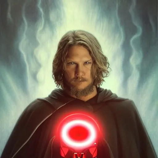 Image similar to Portrait of Travis Fimmel as a sith lord from star wars, full length shot, shining, 8k highly detailed, sharp focus, illustration, art by artgerm, mucha, bouguereau