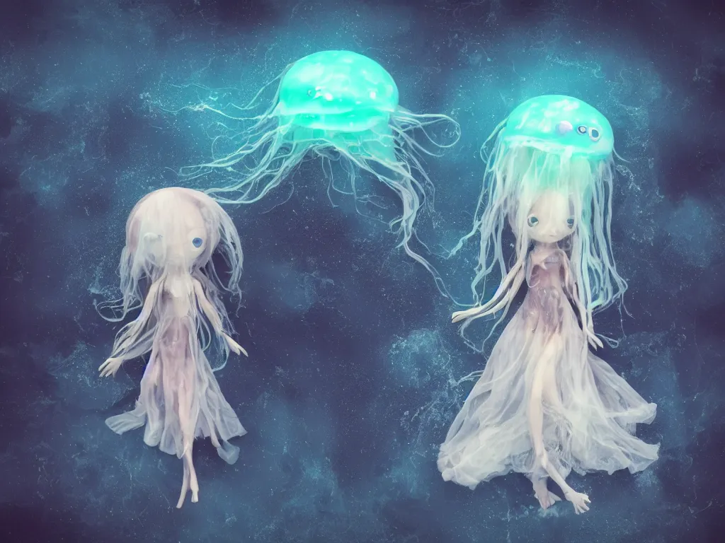 Image similar to cute fumo plush gothic jellyfish maiden alien girl swimming in the waves of the dark galactic abyss, tattered ragged gothic dress, ocean waves and reflective splashing water, vignette, vray