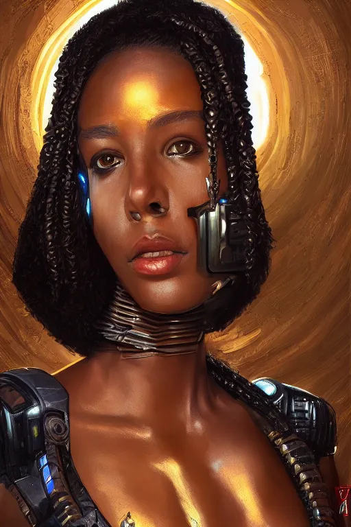 Prompt: portrait of a beautiful young Black woman, cyberpunk, Warhammer, highly detailed, artstation, illustration, art by Gustav Klimt