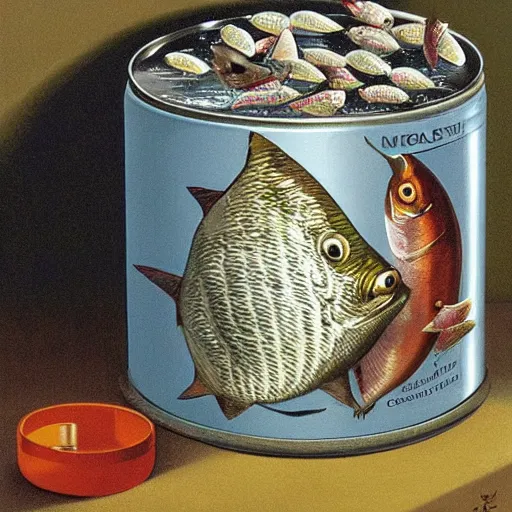 Image similar to sardine in a can, extremely detailed masterpiece, illustration, colorful, by michael sowa and craig brunmfield,