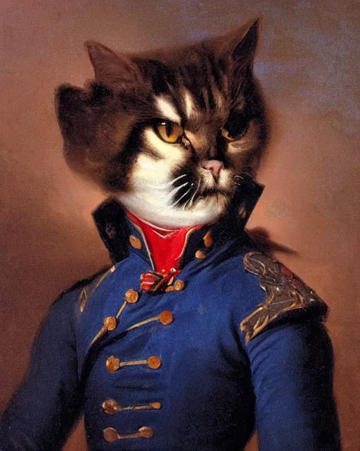 Image similar to portrait of cute dark brown cat with serious expression wearing 1 8 th century royal guard uniform in navy blue and red, joseph ducreux, greg rutkowski, regal, royal, princely, painting