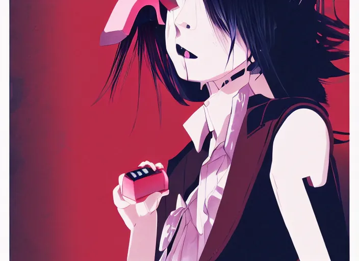 Image similar to editorial illustration by Narumi Kakinouchi and Karolis Strautniekas and Mads Berg, colorful, anime portrait vampire princess miyu, katsuhiro otomo, Ilya kuvshinov,fine texture, smooth cel shading, fine details, matte print, film noir, dramatic lighting, dynamic composition, cinematic, film grain, moody, vivid, volumetric,stippled lighting