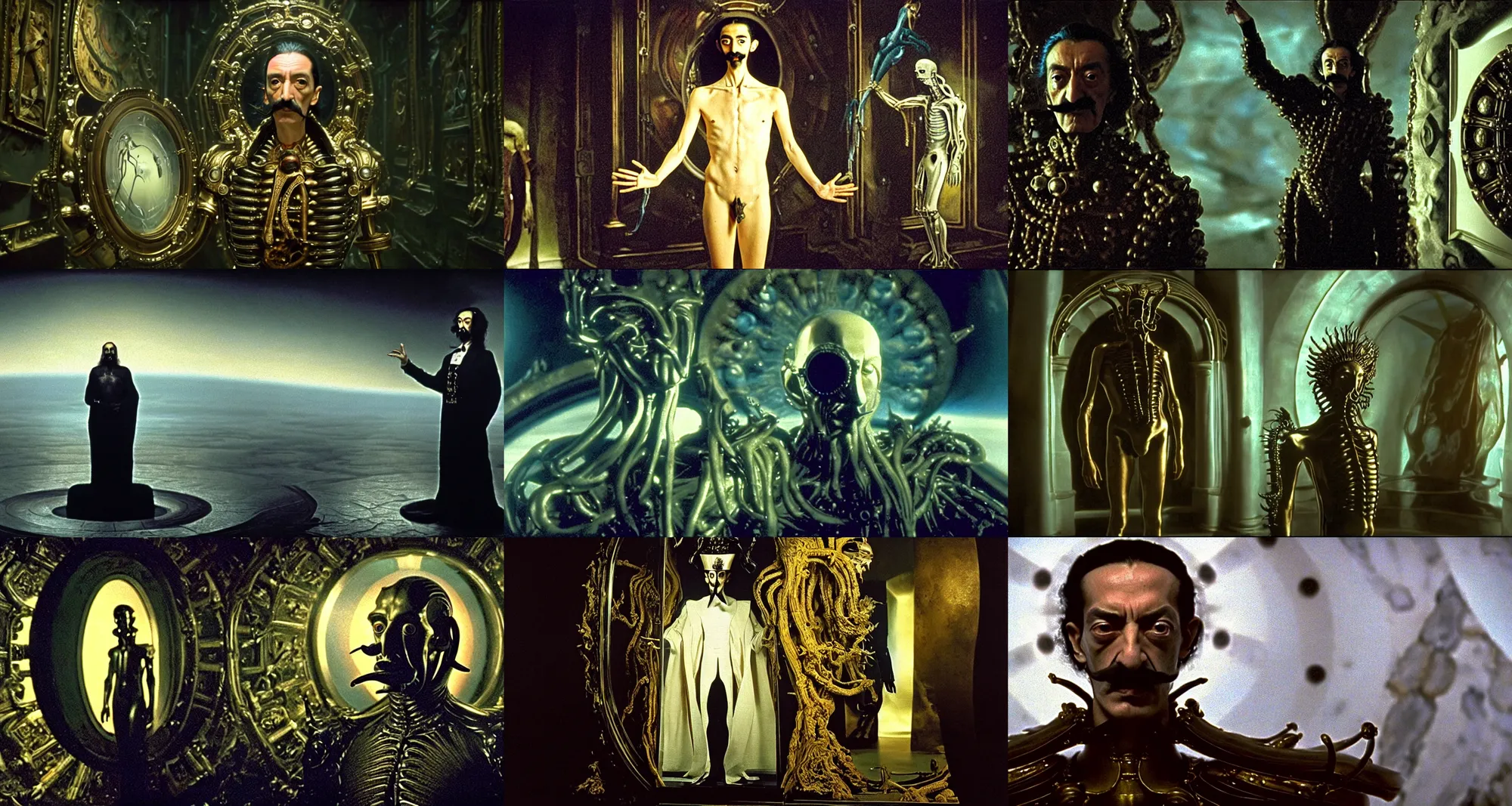 Prompt: the full body shot of arrogant salvador dali in the role of emperor of universe | porthole in the wall of palace | still frame from the prometheus movie by ridley scott with cinematogrophy of christopher doyle and art direction by hans giger, anamorphic bokeh and lens flares, 8 k, higly detailed masterpiece