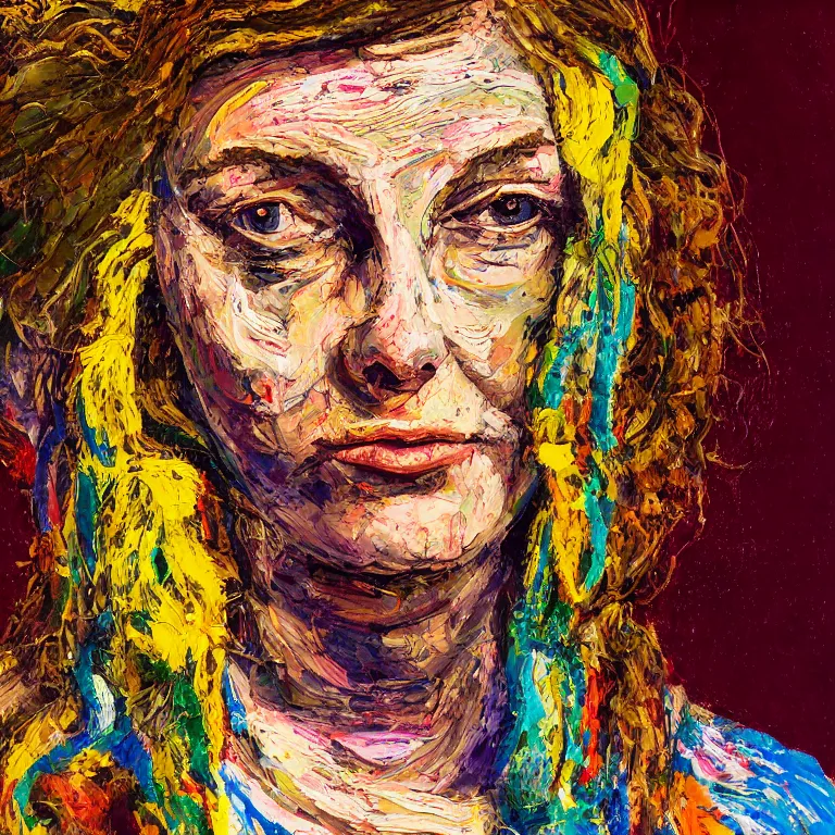 Prompt: close up studio portrait of Sweet faced hippy chick with her hair in a bandana in 1972, impasto heavy brushstrokes oil painting by Lucian Freud and Tim Hawkinson and Cy Twombly, Intense colors trending on artstation dramatic lighting Expressionism