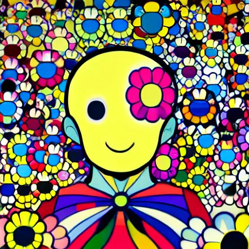 Image similar to silhouette of man's head exploding into flowers, bright colors, Takashi Murakami, Minimalist,