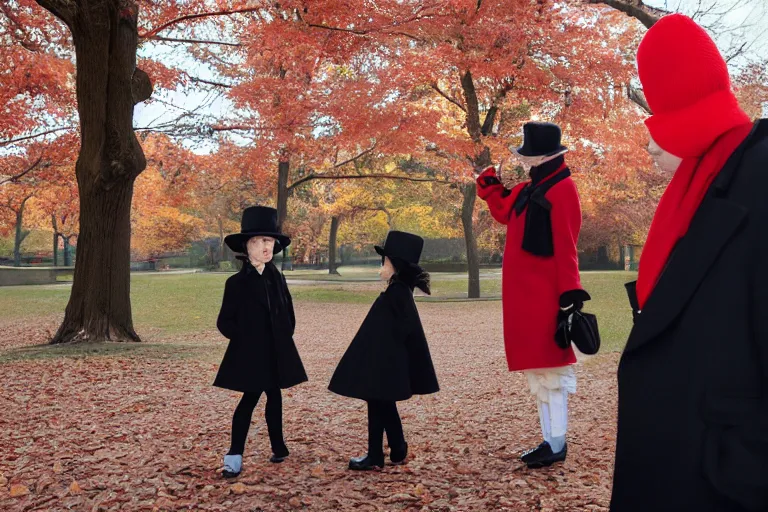 Image similar to a thin man in a black coat and bowler hat talks with small young girl who is dressed in a red coat and a red hat, park, autumn, 1923, wide angle, high detail, By Makoto Shinkai, Stanley Artgerm Lau, WLOP, Rossdraws, James Jean, Andrei Riabovitchev, Marc Simonetti, krenz cushart, Sakimichan, D&D trending on ArtStation, digital art,