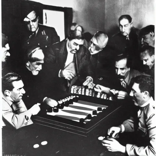 Prompt: Mussolini plays backgammon with Stalin,