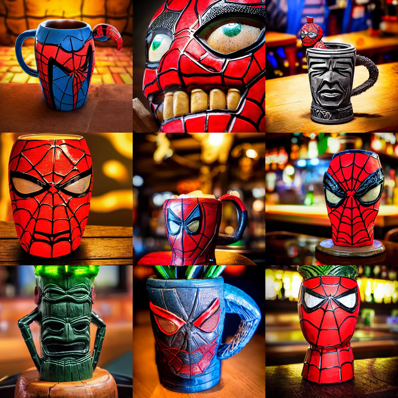 Prompt: a closeup photorealistic photograph of a spider man style tiki mug sitting at a trader vic's bar featuring spider man's face. tiki theme. bright scene. fine detail. this 4 k hd image is trending on artstation, featured on behance, well - rendered, extra crisp, features intricate detail, epic composition and the style of unreal engine.