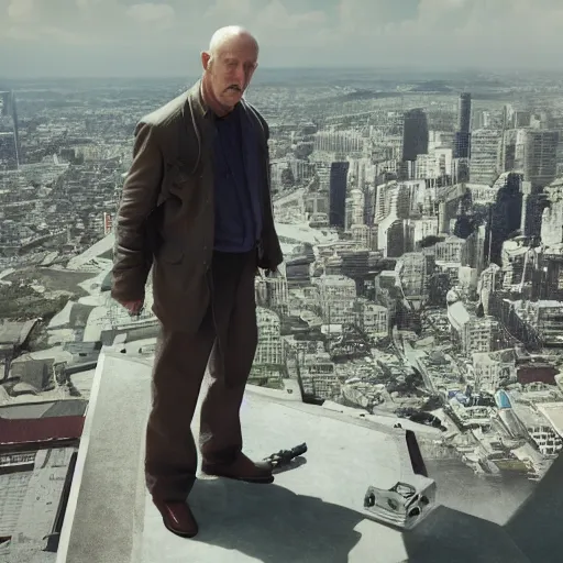 Image similar to film still of mike ehrmantraut aiming with a sniper rifle on a rooftop, 4 k, highly detailed