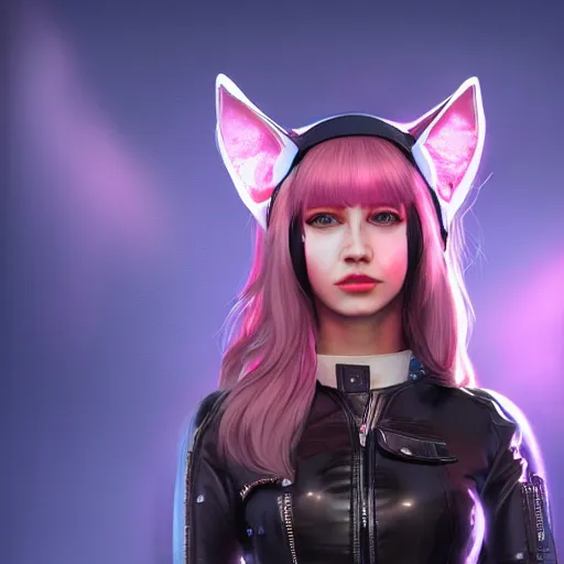 Image similar to painting of high detail girl a wearing skintight leather jacket, cat ears, fantasy art, dynamic lighting, artstation, poster, volumetric lighting, 4 k, award winning