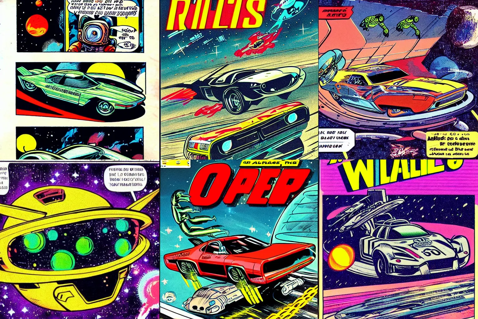 Prompt: aliens that race cars in space, retro futurism, 70s, comic