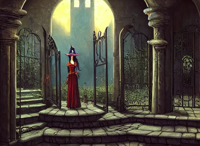 Image similar to a huge courtyard with gates and a beautiful witch queen, detailed 4 k painting, dramatic light, style of gerald brom