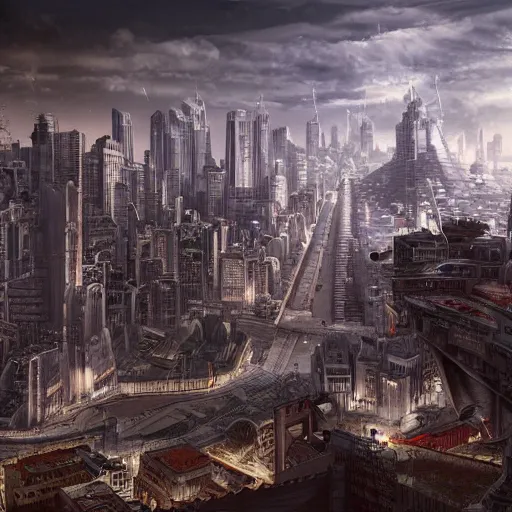 Prompt: futuristic roman empire cityscape with advanced technology, dark setting, 4 k, digital art, detailed.