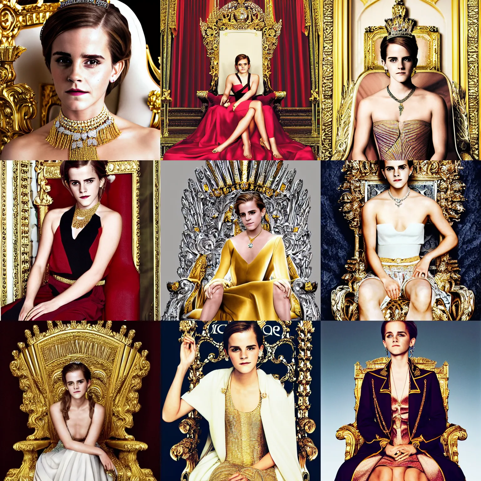 Prompt: regal emma watson sitting on queens throne royalty wearing royal mantle gold jewelry by alex ross