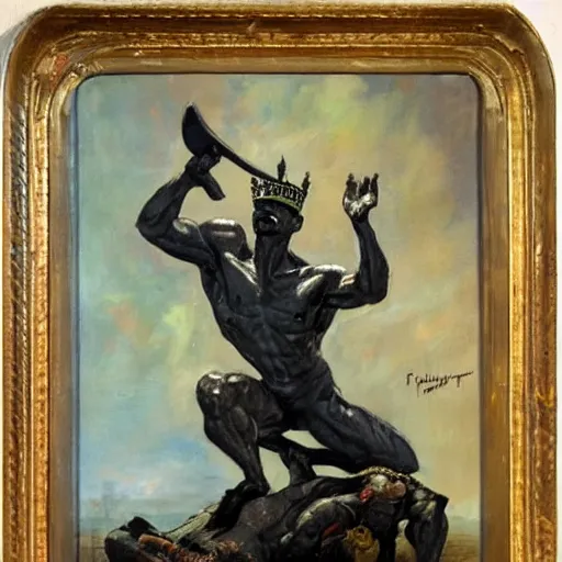 Prompt: frazetta oil painting of cut off statue of libertys head with crown is lying sideways on the ground .side angle.low angle