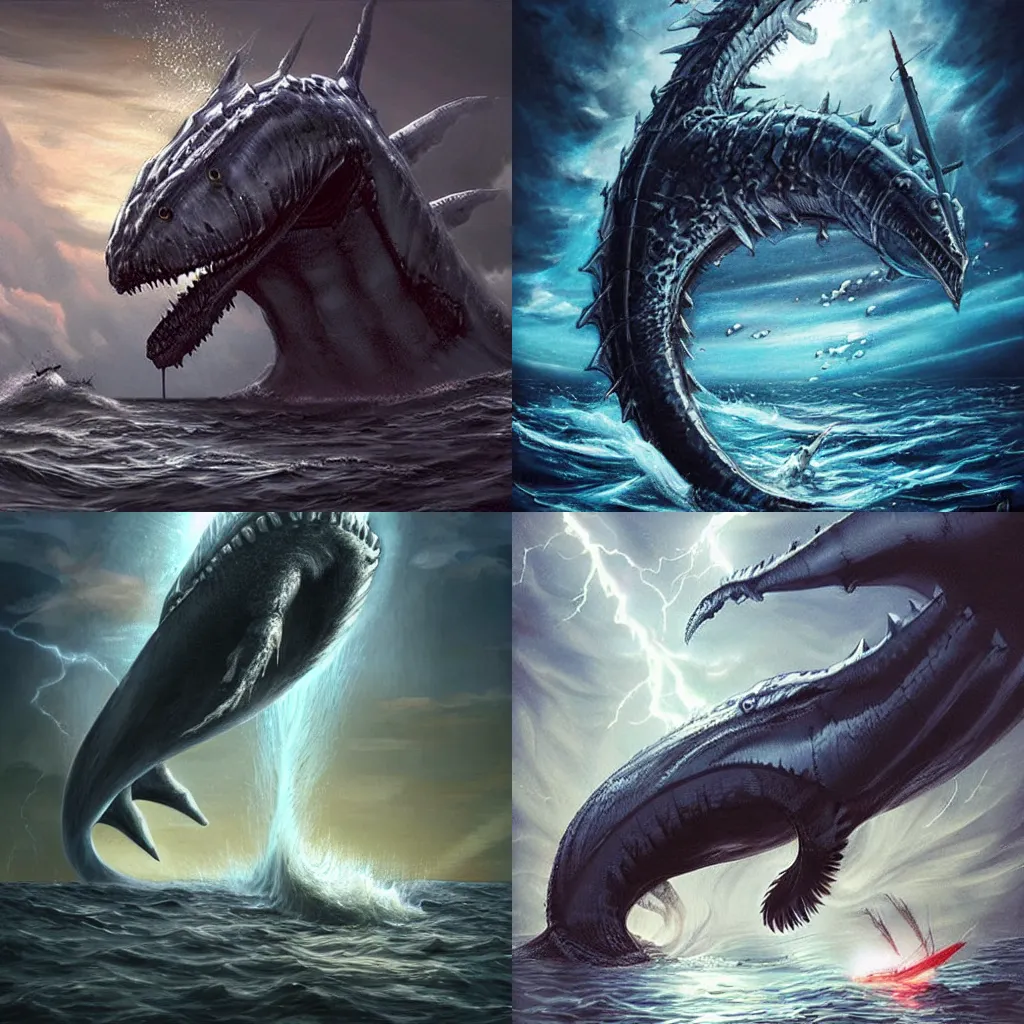 Image similar to giant leviathan sea monster coming out of the water attacking a boat, artgerm, realistic, scary, night, lightning