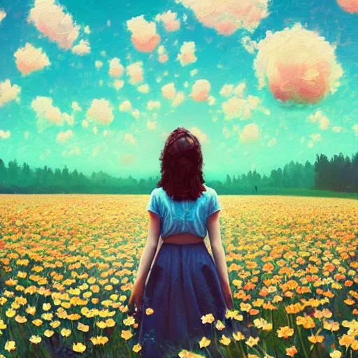 Image similar to girl with a full daisies head, surreal photography, flower field, sunset dramatic light, impressionist painting, colorful clouds, blue sky, digital painting, artstation, simon stalenhag