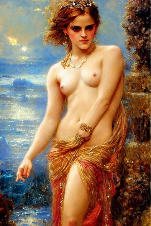 Image similar to portrait of emma watson as the goddess aphrodite. art by gaston bussiere.