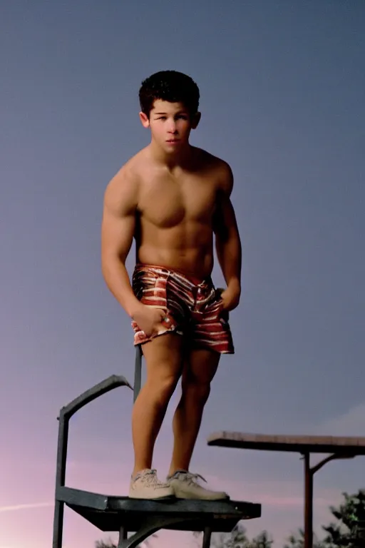 Prompt: close up still shot of young nick jonas standing on the diving board, 3 5 mm, highly detailed, disney channel original movie camp rock, dynamic lighting