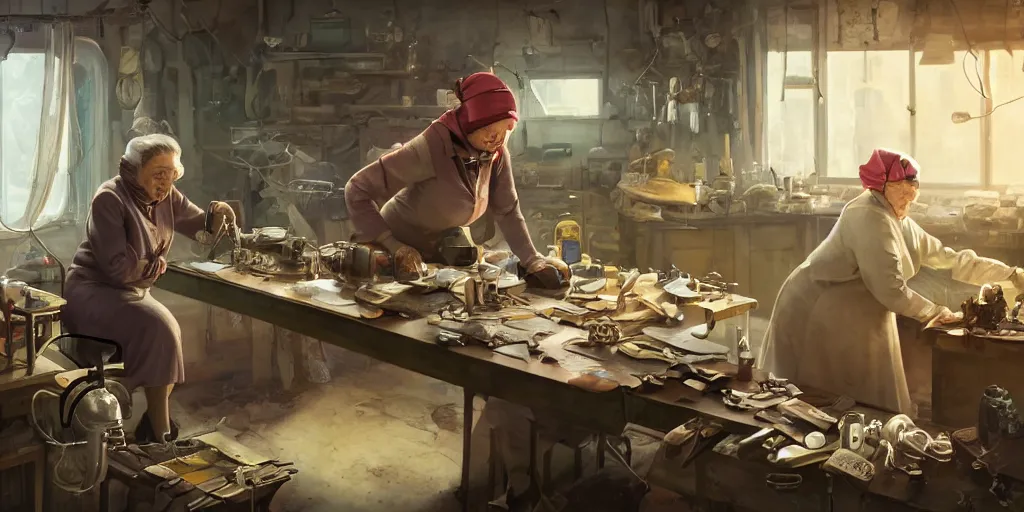 Prompt: an environmental concept art of an elderly russian woman cyberneticist in a cluttered mechanics workshop, surgical implements, surgery table, highly detailed, cinematic, dramatic, cyberpunk, dieselpunk