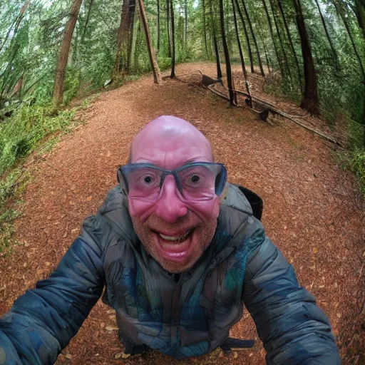 Image similar to ernest got to camp crystal lake, hyper realistic, fish eye lense