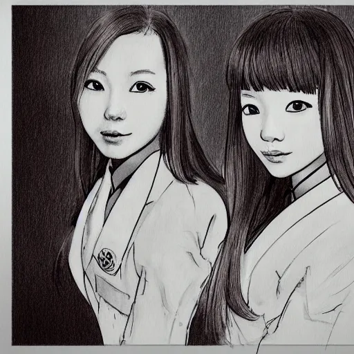 Image similar to a perfect, realistic professional digital sketch of a Japanese schoolgirls posing in a hotel room, style of Marvel, full length, by pen and watercolor, by a professional American senior artist on ArtStation, a high-quality hollywood-style sketch, on high-quality paper