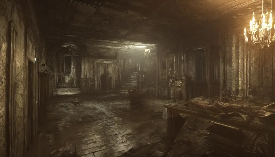 Image similar to Ingame Screenshot of 8k ultra realistic Resident Evil game by H.R. Giger , Rebecca Chambers in a mansion, detailed, cinematic lighting, 4k, hyperrealistic, focused, extreme details,unreal engine 5, cinematic