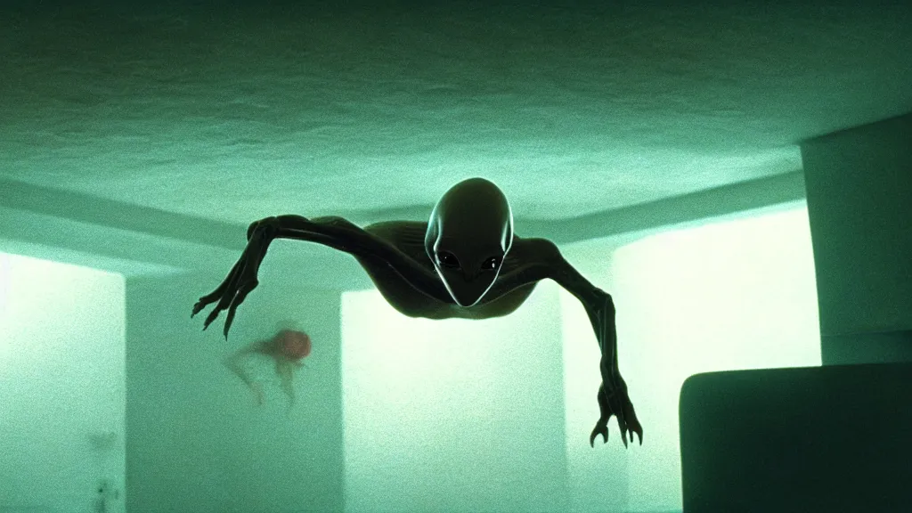 Image similar to a strange alien crawls on the living room ceiling, film still from the movie directed by Denis Villeneuve with art direction by Zdzisław Beksiński, wide lens