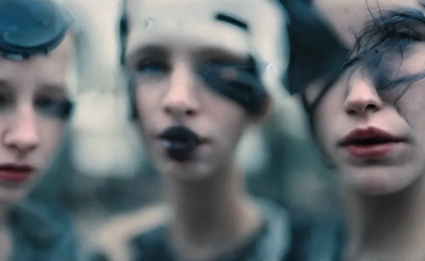 Image similar to cinestill 5 0 d candid photographic portrait by helen levitt of two loving female androids wearing rugged black mesh techwear in treacherous waters, extreme closeup, modern cyberpunk moody emotional cinematic, dust storm, 8 k, hd, high resolution, 3 5 mm, f / 3 2, ultra realistic faces, ex machina