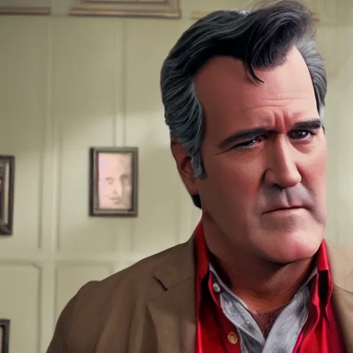 Image similar to Bruce Campbell in a Wes Anderson movie, HD, hyper realistic, high resolution, intricate, 4k