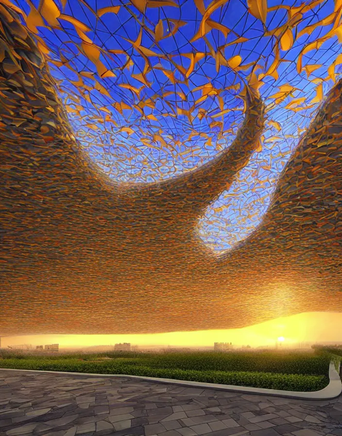 Image similar to vincent callebaut architectures, hyper realistic stunning volumetric lighting sunset