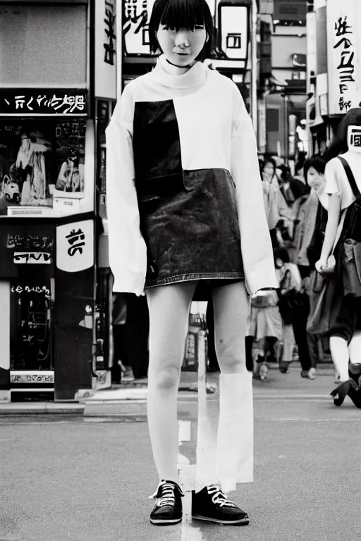 Prompt: a street fashion photograph of a young japanese woman in 9 0 s fashion, standing upright full - body shot, in tokyo akihabara, shot on cinestill 5 0 d with a canon 3 5 mm at f / 5. 6 lens, print magazine, photorealistic, nineties nostalgia, 4 k