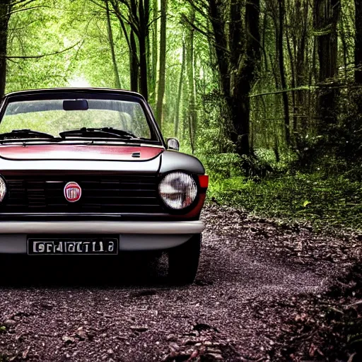 Image similar to fiat 1 2 4 in the dark forest, night, headlights are on, professional photography