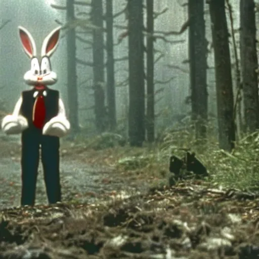 Prompt: Film still photograph of Bugs Bunny (creepy hyper-realistic surreal horror) in Twin Peaks (1990)