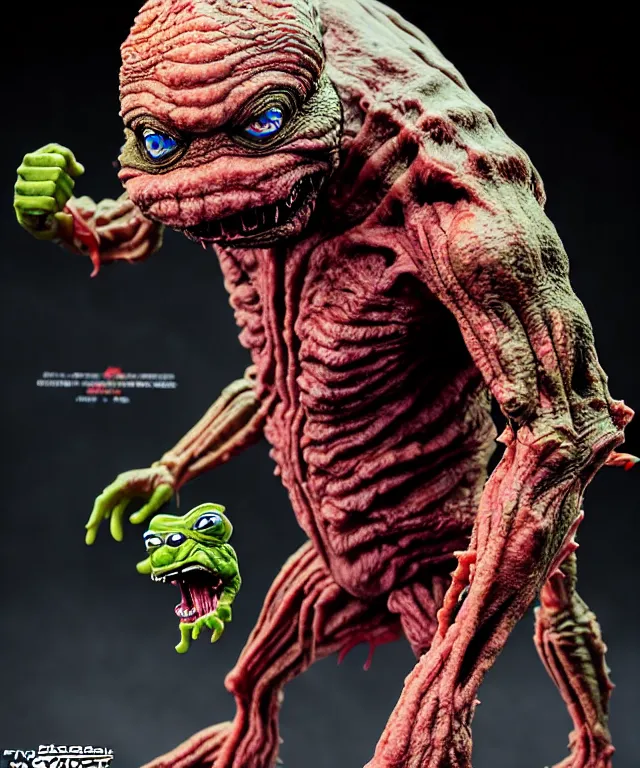 Image similar to hyperrealistic rendering, epic boss battle, cronenberg flesh monster tmnt, by art of skinner and richard corben, product photography, collectible action figure, sofubi, hottoys, storm clouds, outside, lightning