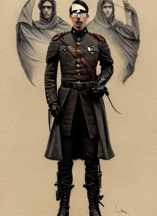 Image similar to a portrait of john oliver standing next to adam driver, stoic, full body, military uniform, fantasy, intricate, elegant, beautiful, highly detailed, charcoal, centered, dark, smokey, digital painting, artstation, concept art, smooth, sharp focus, illustration, art by artgerm and greg rutkowski and alphonse mucha