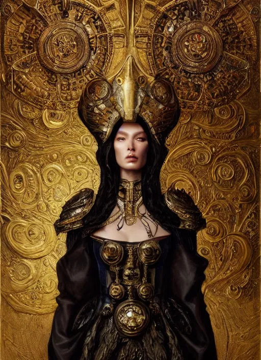 Image similar to highly detailed oil painting | very intricate | cinematic lighting | award - winning | ceremonial blazer armor fashion by alexander mcqueen | by roberto ferri, by tom bagshaw, by j. c. leyendecker and klimt, american romanticism, by austin osman spare, artstation, cgsociety, official art, octane