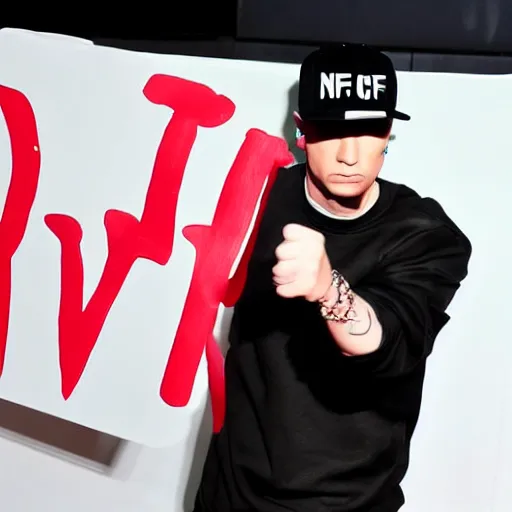 Prompt: eminem with a sign saying i love nfts