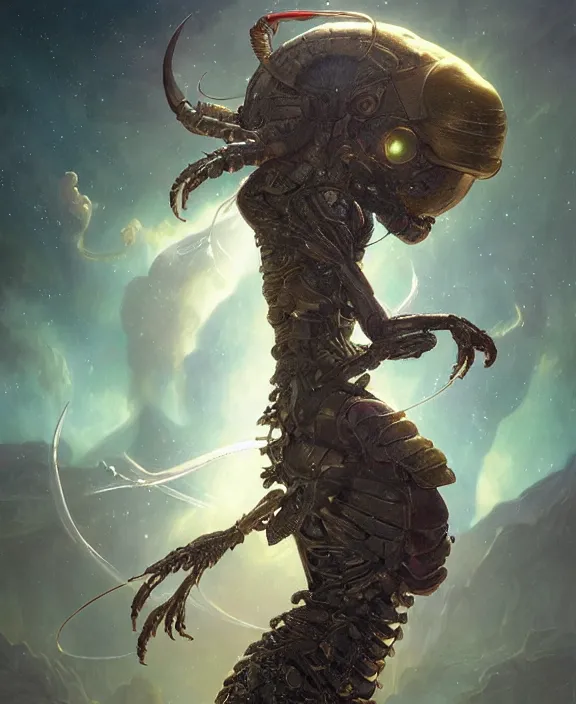 Image similar to portrait of a shining adorable insect alien monster, milky way environment, ultra realistic, concept art, intricate details, eerie, highly detailed, photorealistic, octane render, 8 k, unreal engine. art by artgerm and greg rutkowski and alphonse mucha