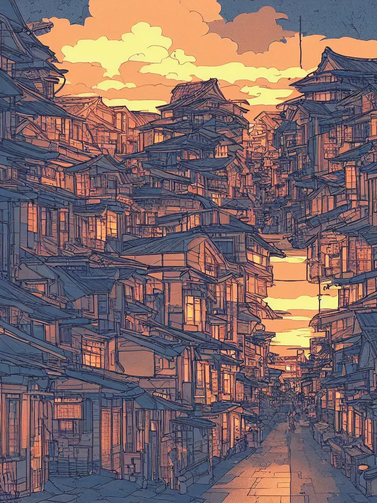 Prompt: a digital art of a close up view of a japanese street of low houses, pedestrians, sunset, beautiful sky and clouds, by laurie greasley, artstation, studio ghibli color scheme